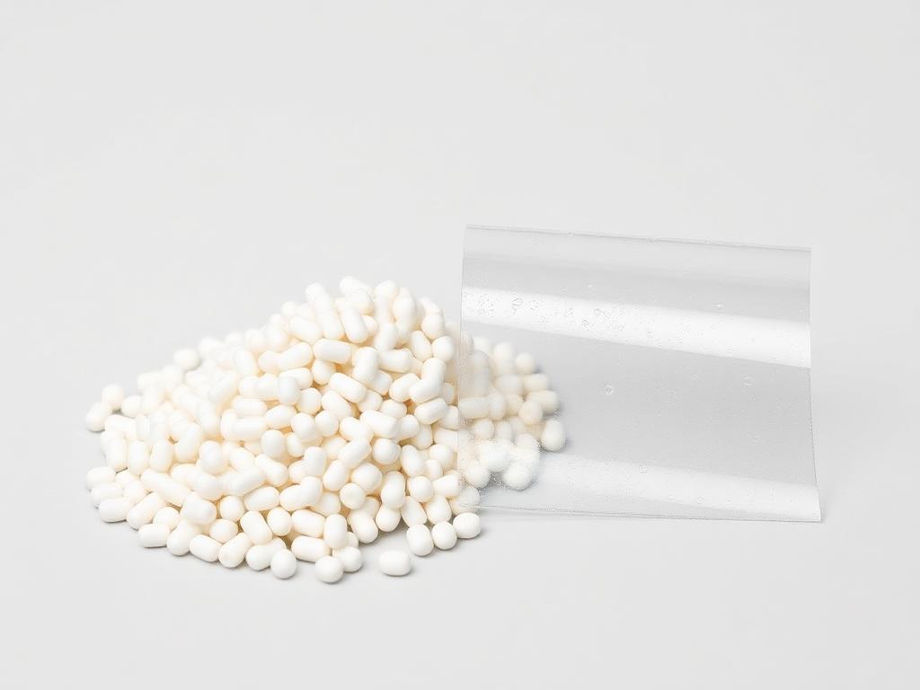 Small heap of white anti-fog additive masterbatch pellets on a neutral studio background