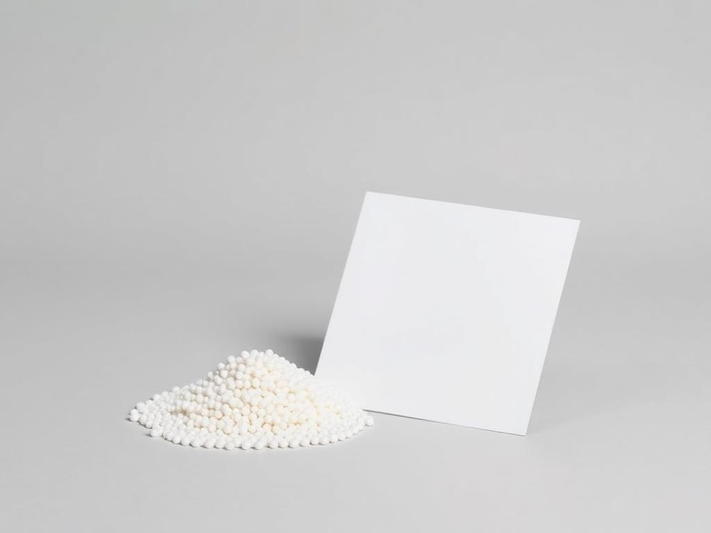 Small heap of white anti-slip masterbatch pellets beside two stacked film squares on a neutral studio background