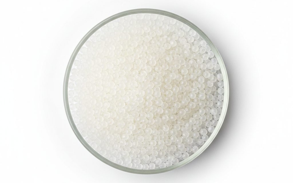 Grade confirmed at quotation — clear to white pellets or small beads, featuring a slightly waxy surface texture and uniform size for plastic compounding, studio product photograph