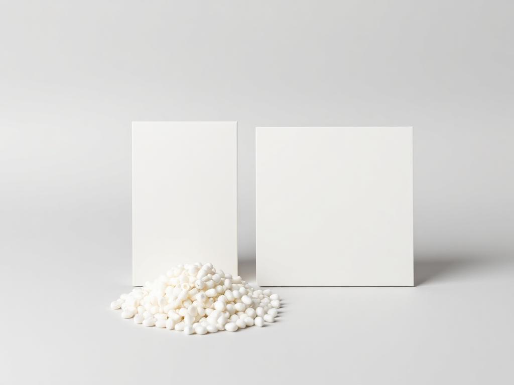 Small heap of bright white anti-yellowing masterbatch pellets beside a white moulded plaque on a neutral studio background