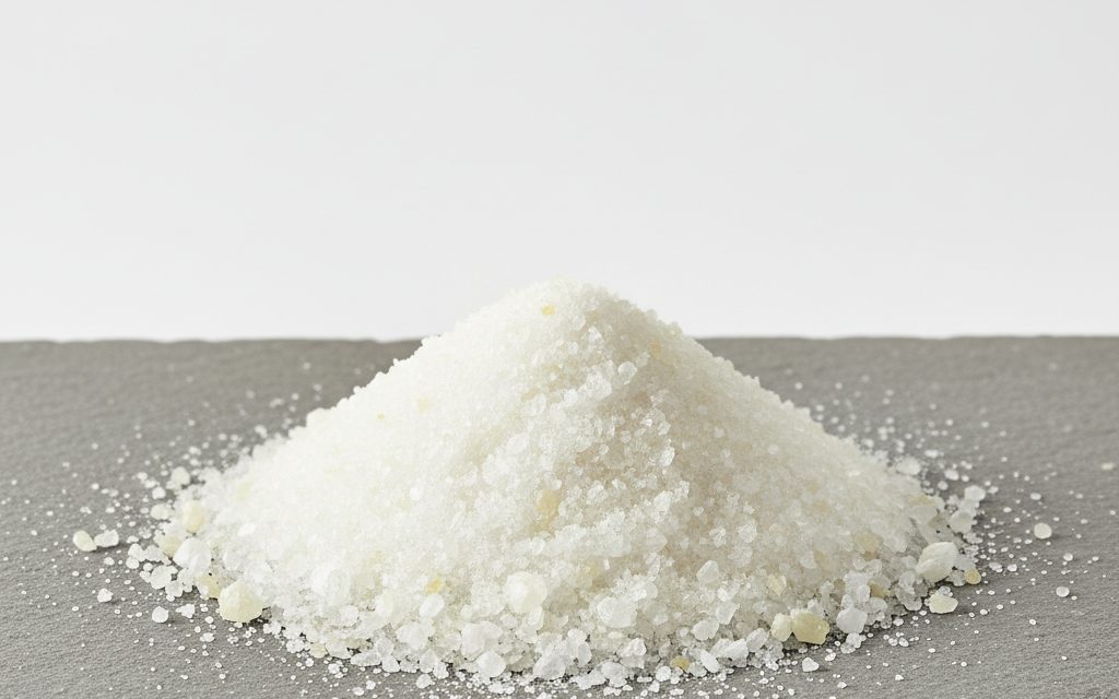 Grade confirmed at quotation — white to slightly yellowish crystalline powders or small dust-free granules with a dry, odorless, and stable physical form, studio product photograph