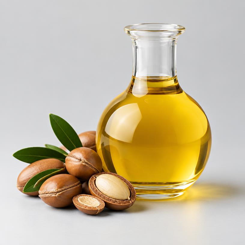 Argan Oil — Cosmetic Grade — studio photograph of golden-yellow oil, presented as a B2B sourcing category illustration