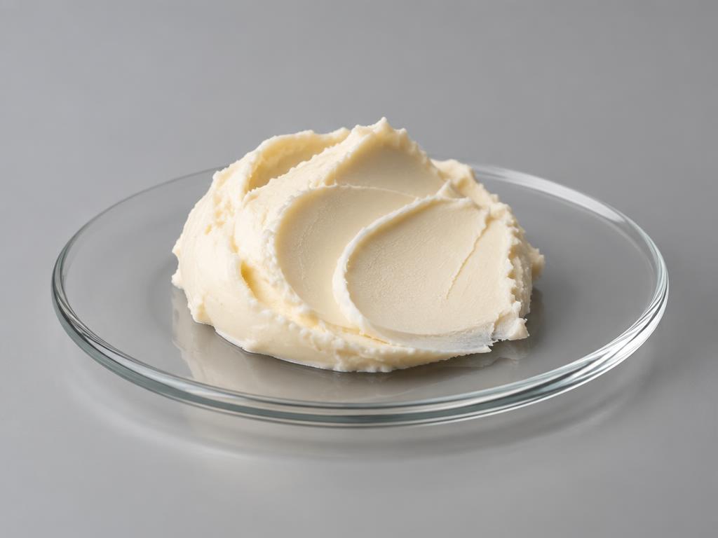 Arginine Cocoate — studio photograph of a soft cream-coloured soap-like paste on a clear glass plate
