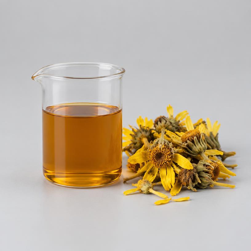 Arnica Flower Extract — Cosmetic Grade — studio photograph of extract powder or liquid, presented as a B2B sourcing category illustration