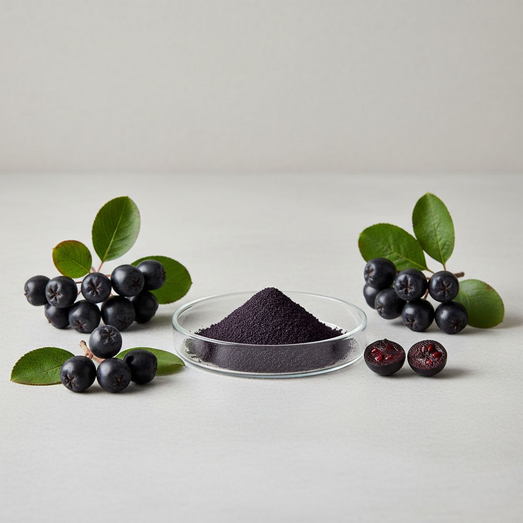 Illustrative studio sample of Black Chokeberry (Aronia) Extract beside Aronia melanocarpa source material