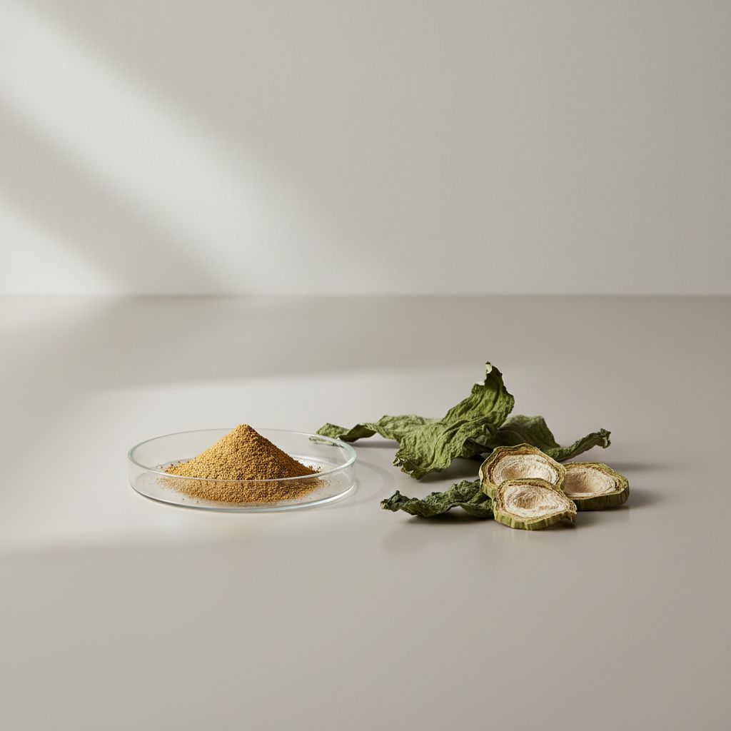 Illustrative studio sample of Artichoke Leaf Extract beside Cynara cardunculus var. scolymus source material