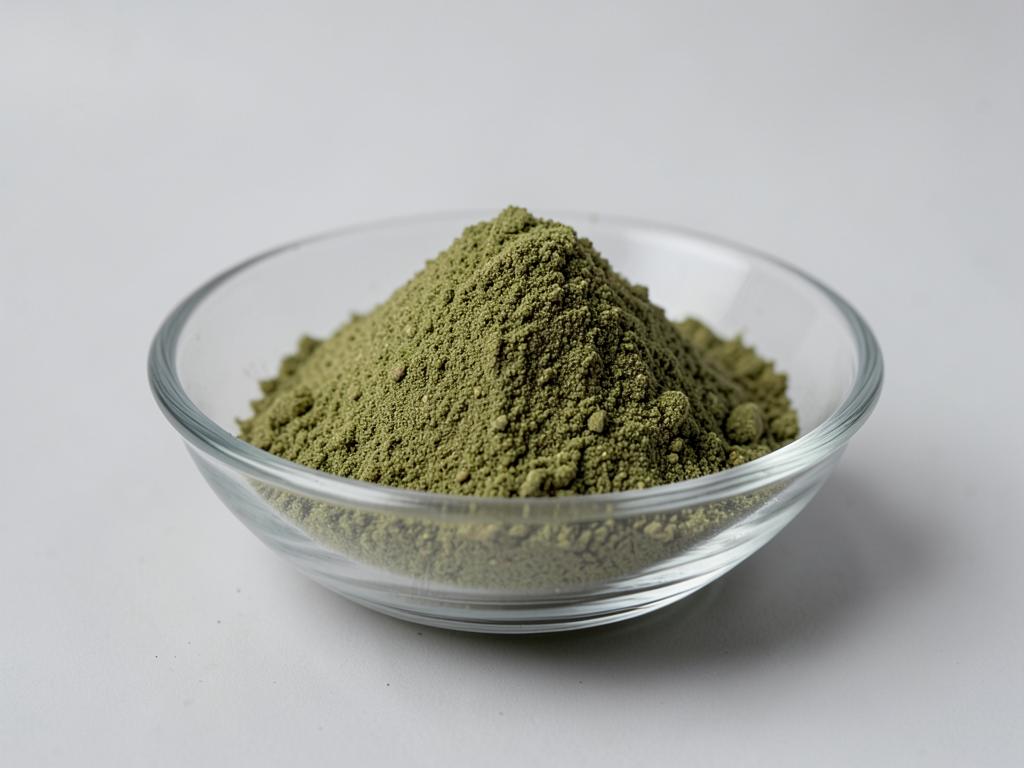 Artichoke Leaf Powder shown as a dried milled botanical powder in a shallow dish in a neutral studio photograph