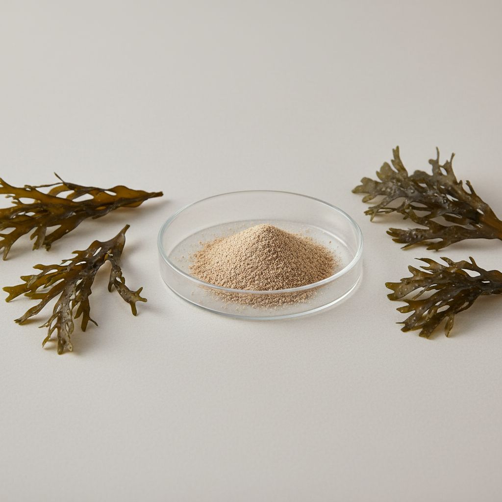 Illustrative studio sample of Ascophyllum Nodosum (Kelp) Extract beside Ascophyllum nodosum source material