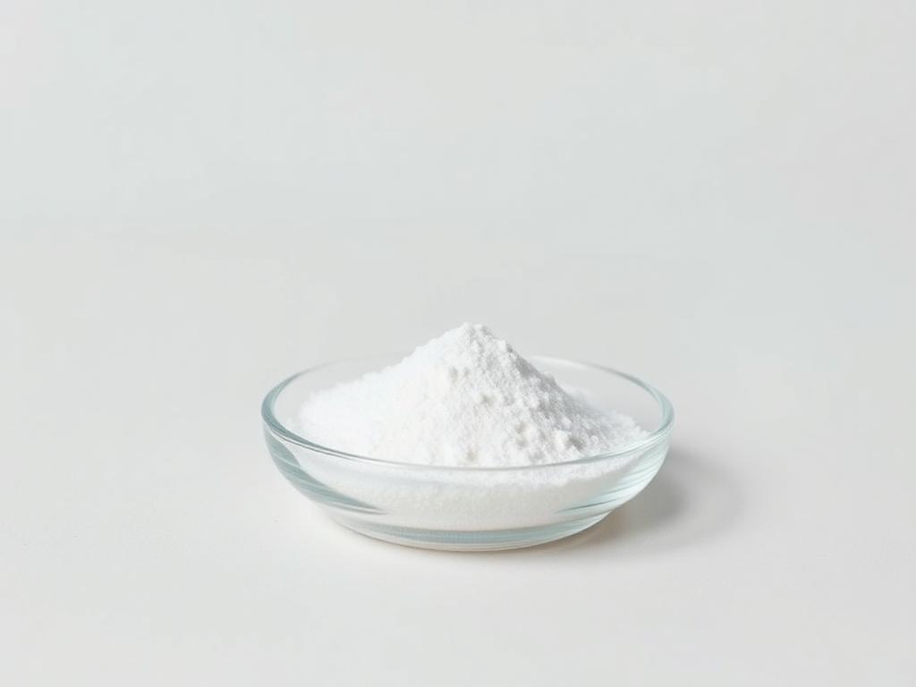 White crystalline ascorbic acid powder in a plain glass dish — studio category illustration