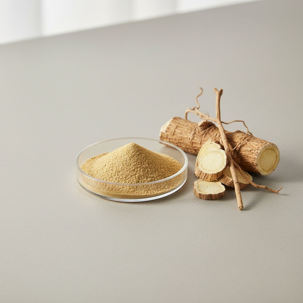 Illustrative studio sample of Astragalus Root Extract beside Astragalus membranaceus source material