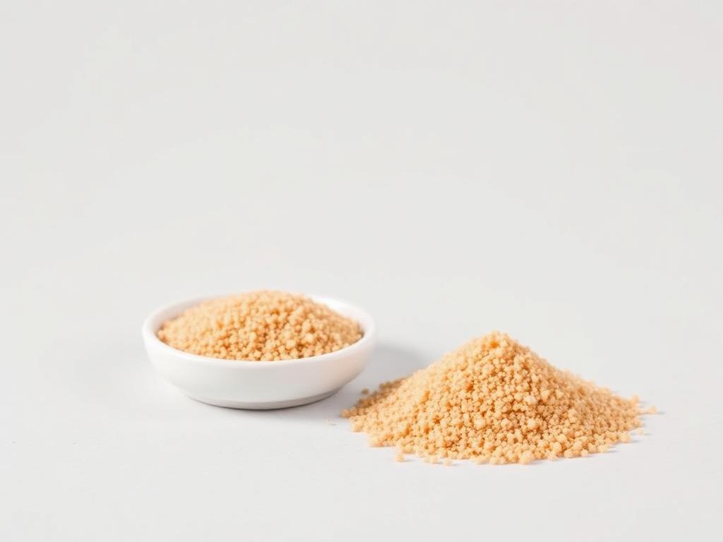 Small dish and loose heap of tan-brown dried baker's yeast granules on a neutral background