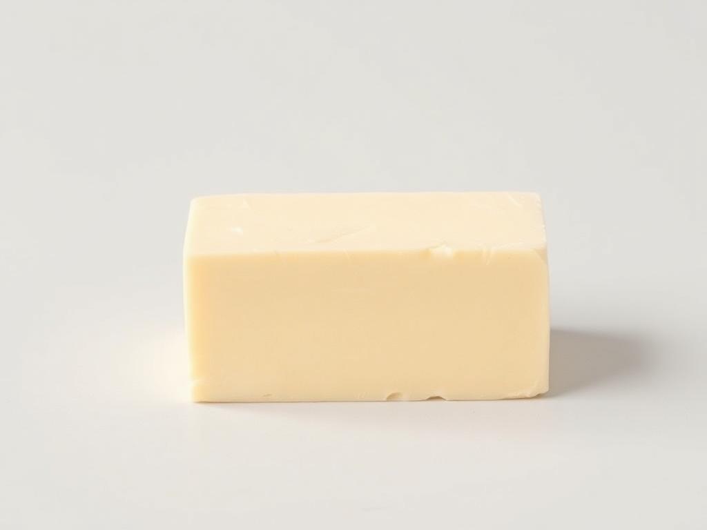 Pale yellow rectangular slab of bakery roll-in margarine on a neutral background
