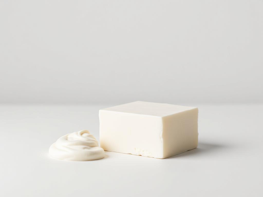 Block of white solid vegetable bakery shortening with a soft scoop curl beside it