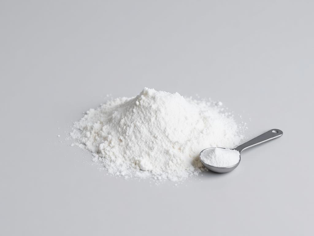 Mound of fine white baking powder with a small measuring spoon beside it