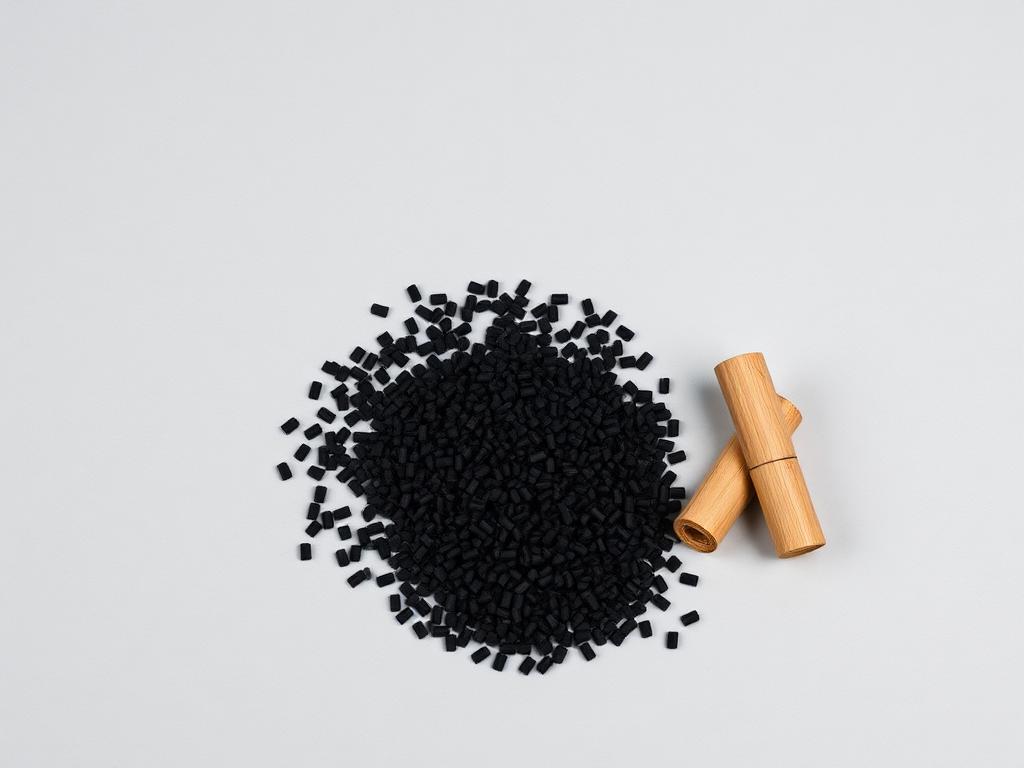 Small heap of fine-cut charcoal-black bamboo charcoal masterbatch pellets beside a dark yarn skein on a neutral studio background