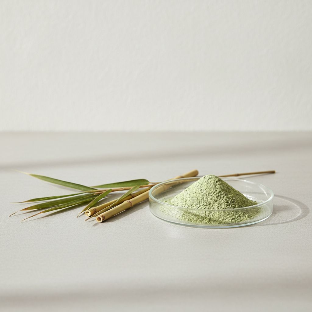 Illustrative studio sample of Bamboo Leaf Extract beside Bambusoideae spp. source material