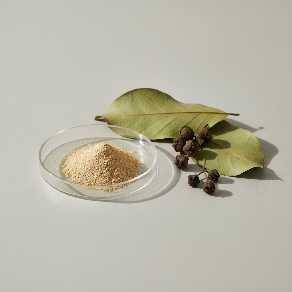 Illustrative studio sample of Banaba Leaf Extract beside Lagerstroemia speciosa source material