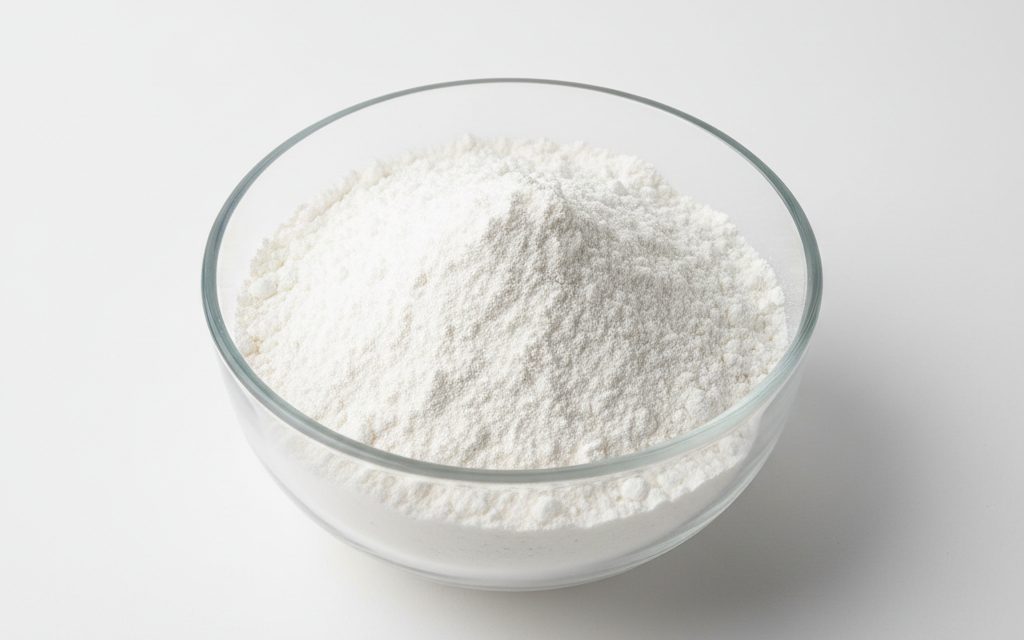 Grade confirmed at quotation — heavy, dense white powder with a fine, flour-like texture that is odorless, chemically inert, and highly opaque, studio product photograph