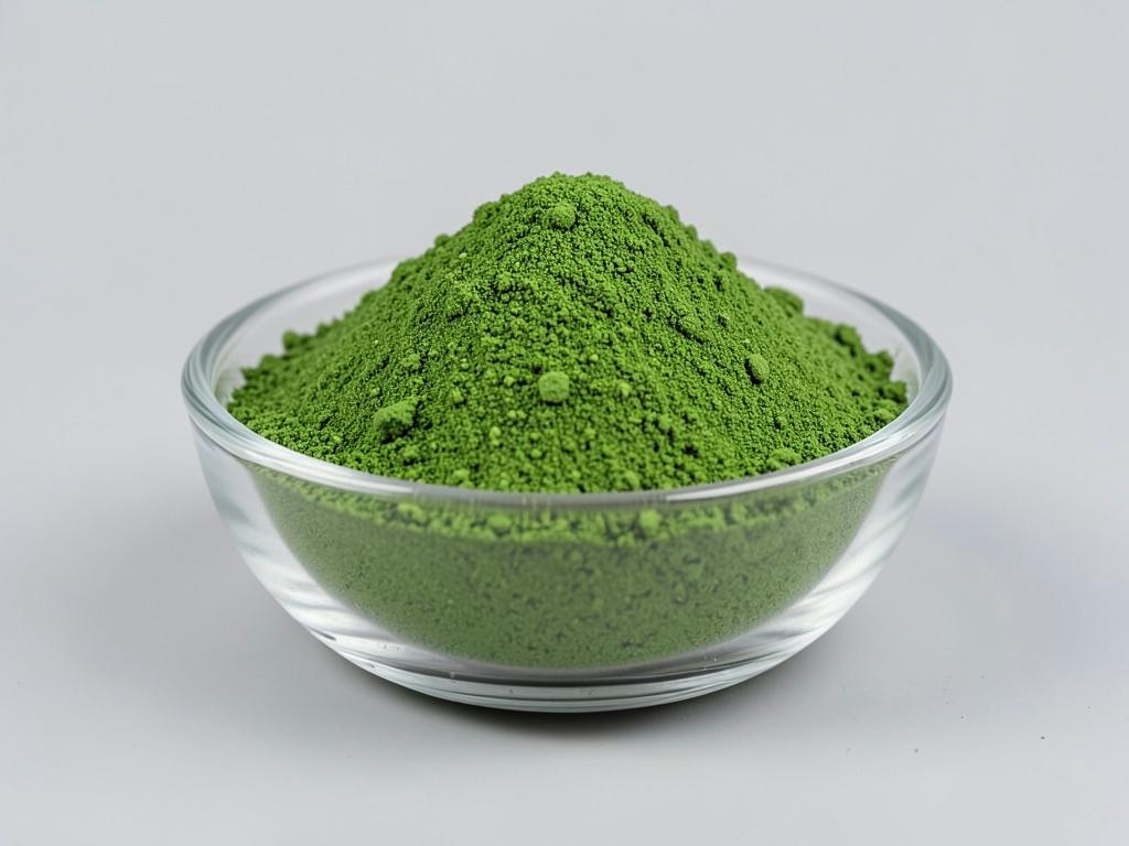 Barley Grass Juice Powder shown as a spray-dried juice powder in a shallow dish in a neutral studio photograph