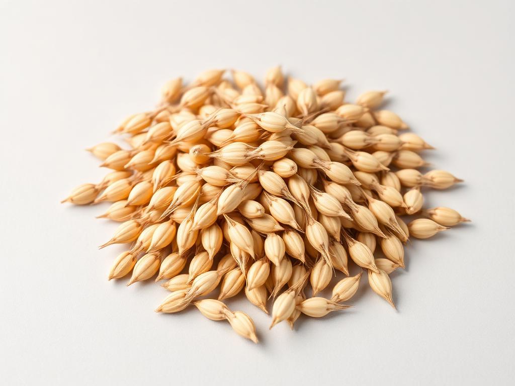 Barley seed for sowing shown as a neutral studio product photograph of certified planting seed in bulk
