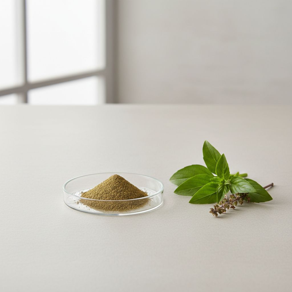 Illustrative studio sample of Basil Extract beside Ocimum basilicum source material