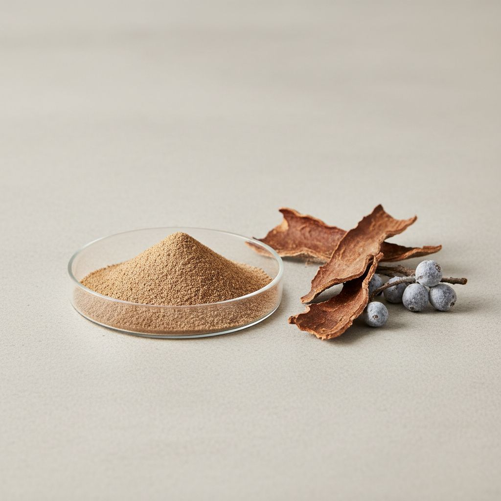Illustrative studio sample of Bayberry Bark Extract beside Morella spp. source material