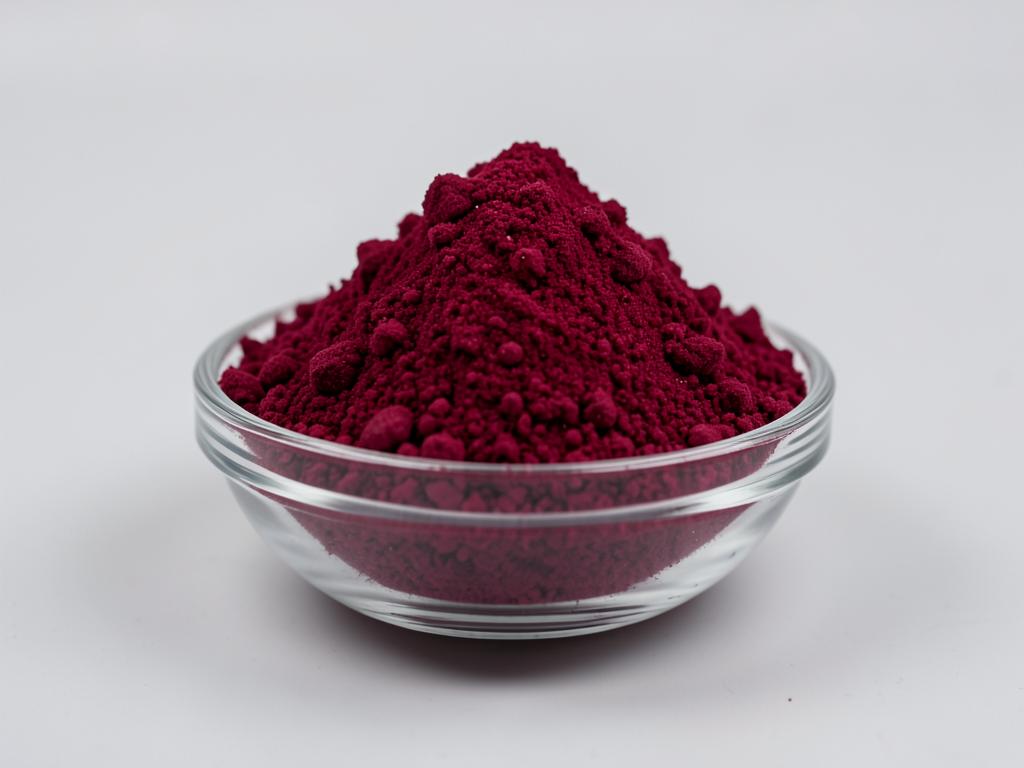 Beetroot Powder shown as a fine dried fruit or vegetable powder in a shallow dish in a neutral studio photograph
