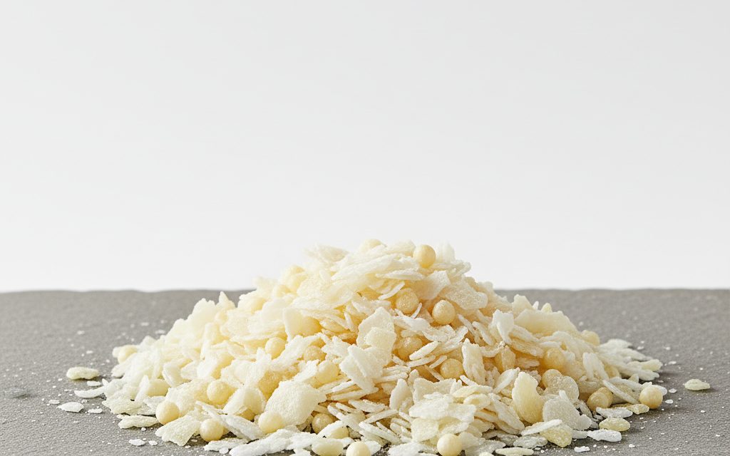 Grade confirmed at quotation — white to pale yellow waxy flakes or small pellets with a characteristic fatty alcohol odor, studio product photograph