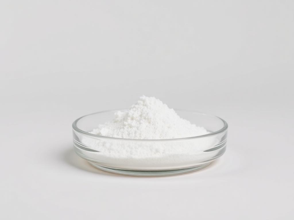 White benzoic acid powder in a plain glass dish — studio category illustration