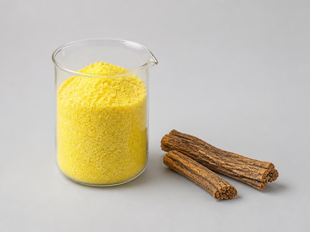 Berberine HCl shown as a neutral studio product photograph of the bulk material
