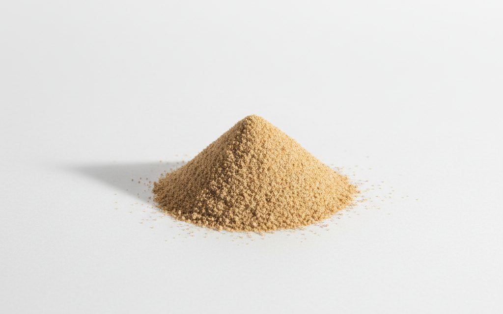 Beta-Glucanase — tan to light brown powder or granules, or a liquid concentrate, appearing as a uniform, dry, slightly textured solid, studio product photograph
