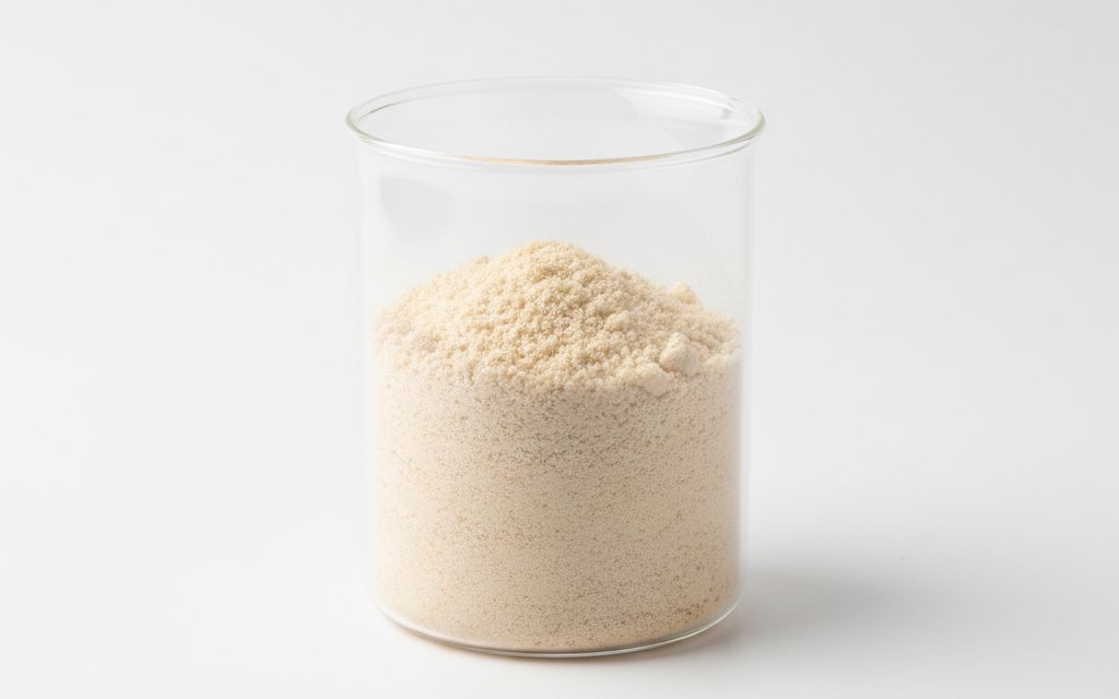 Beta-Mannanase — cream-colored to light brown powder or micro-granules, or a clear liquid, typically presented as free-flowing dry particles, studio product photograph