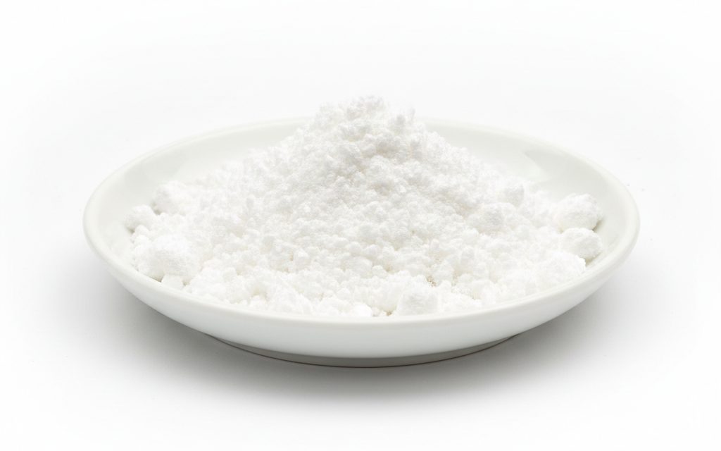 Betaine Anhydrous — a white crystalline powder or small granules that are highly deliquescent, appearing as bright white crystals in a dry beaker, studio product photograph