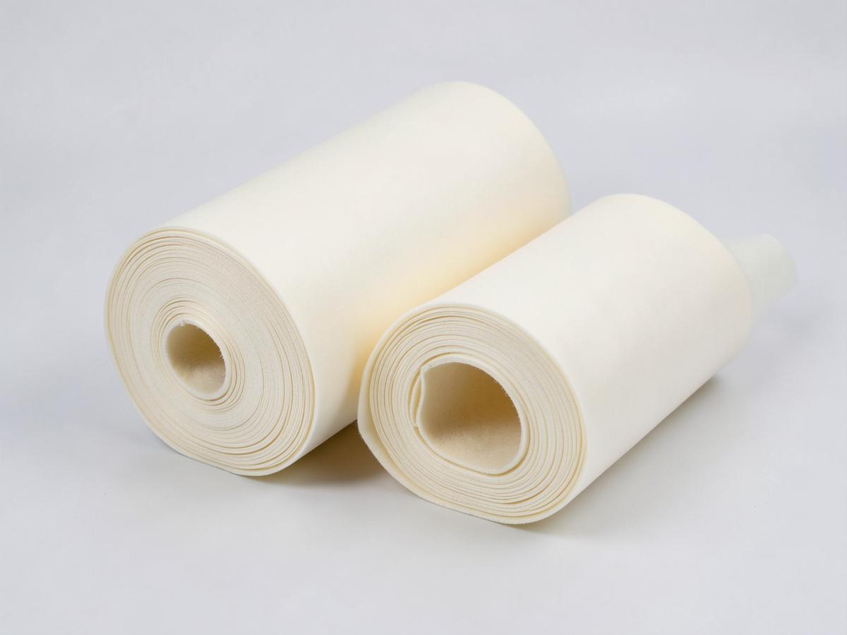 Two ivory bicomponent spunbond nonwoven fabric rolls with a core and sheath filament web