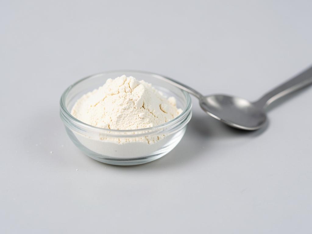 Bifidobacterium breve shown as a free-flowing culture powder in a shallow dish in a neutral studio photograph