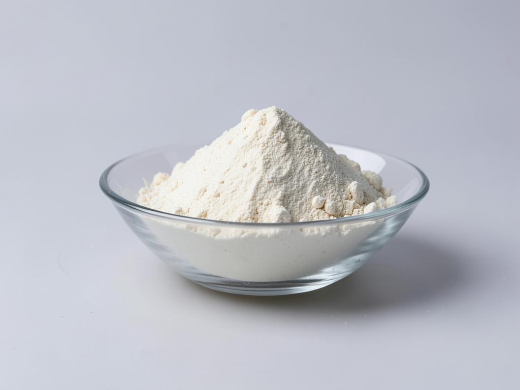 Bifidobacterium longum shown as a free-flowing culture powder in a shallow dish in a neutral studio photograph