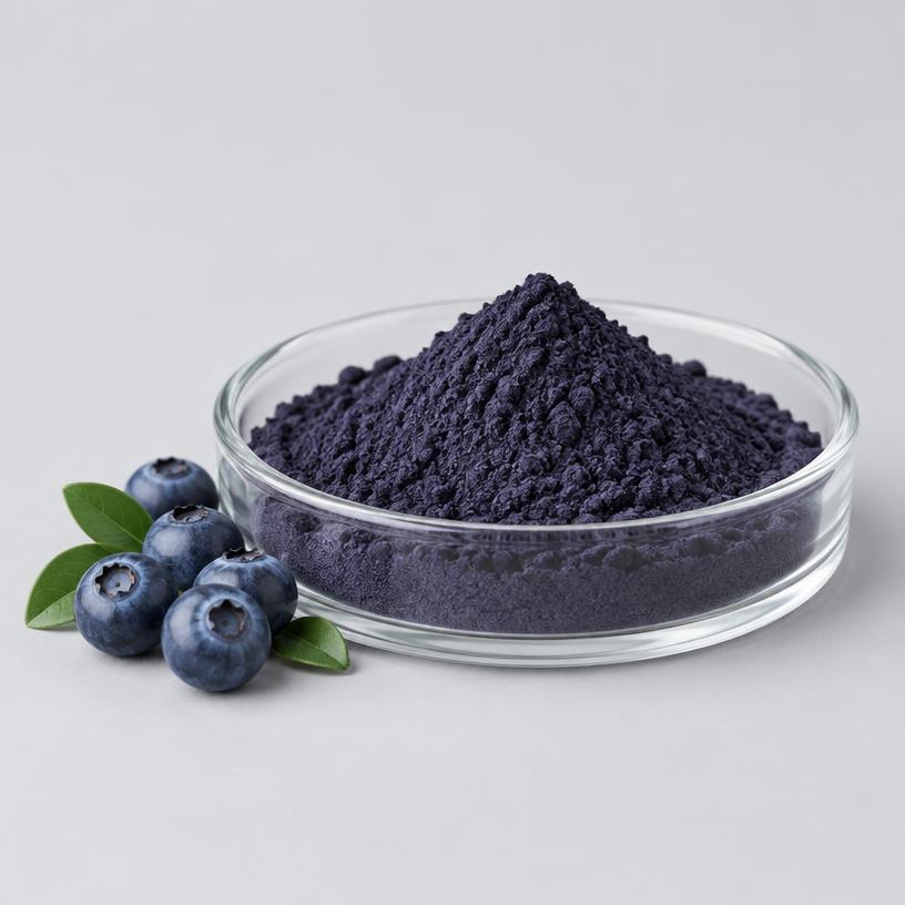 Bilberry Extract — Supplement Grade — studio photograph of fine extract powder, presented as a B2B sourcing category illustration