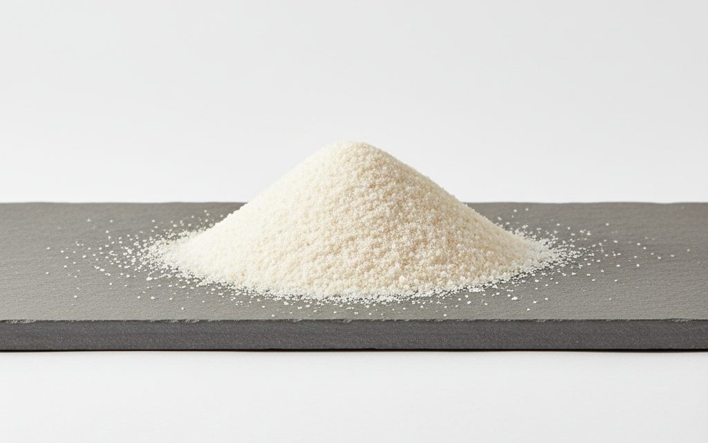 Biotin — white to off-white crystalline powder or a dilute beige premix, appearing as a fine, dry, uniform solid, studio product photograph