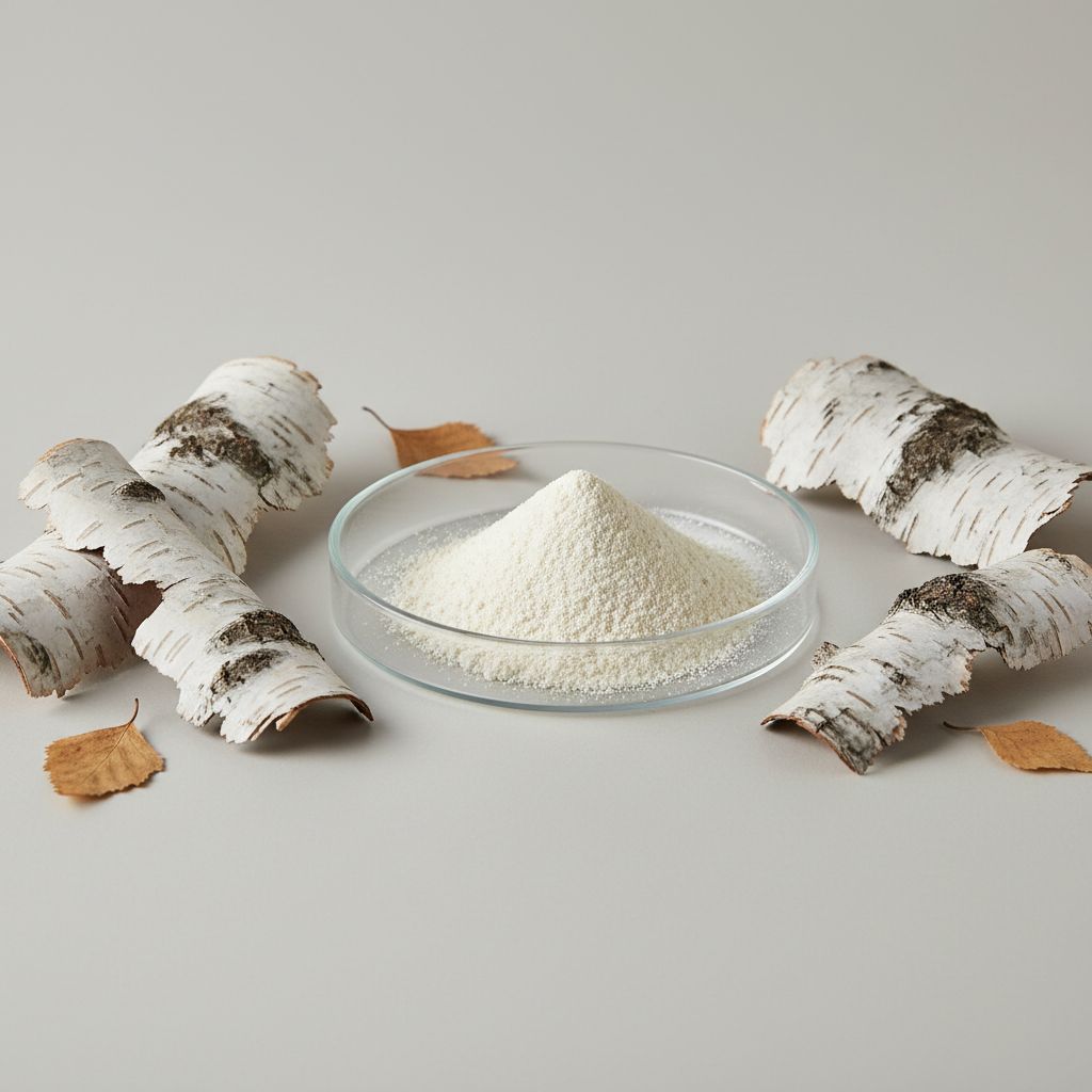 Illustrative studio sample of Birch Bark Extract (Betulin) beside Betula spp. source material