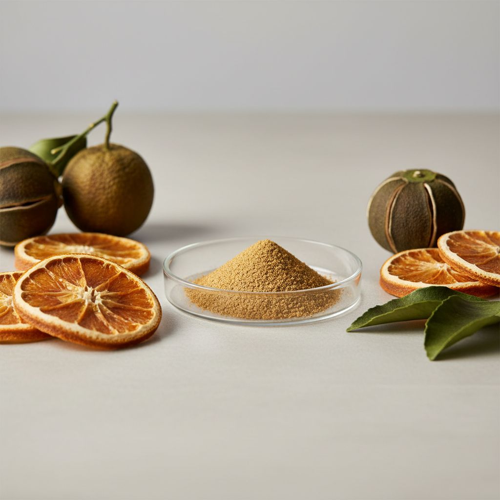 Illustrative studio sample of Bitter Orange (Citrus Aurantium) Extract beside Citrus × aurantium source material
