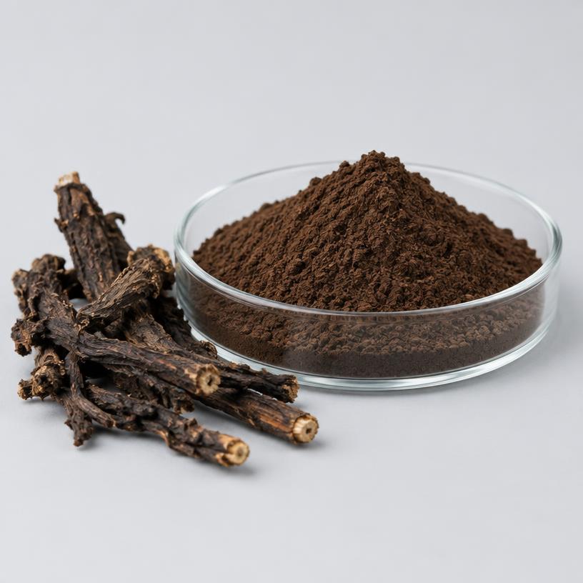 Black Cohosh Extract — Supplement Grade — studio photograph of fine extract powder, presented as a B2B sourcing category illustration