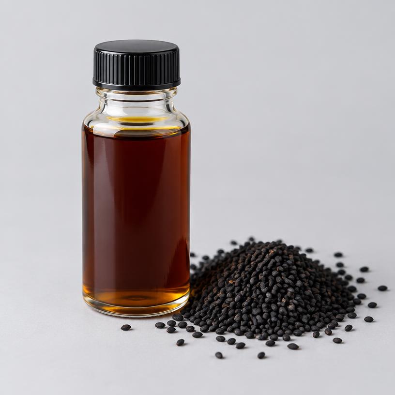 Black Cumin Seed Oil — Food Grade — studio photograph of dark amber oil, presented as a B2B sourcing category illustration