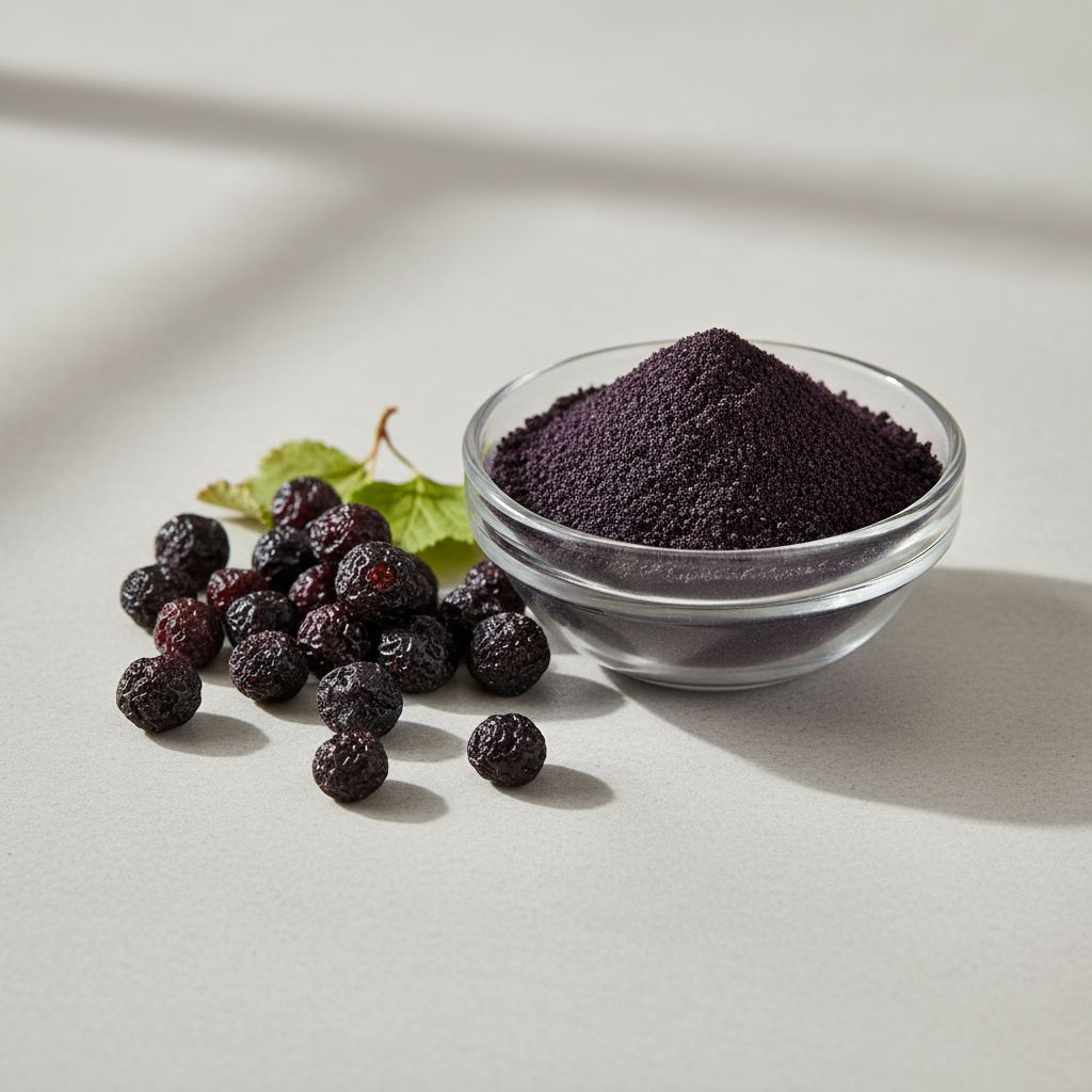 Illustrative studio sample of Black Currant Juice Powder beside Ribes nigrum source material