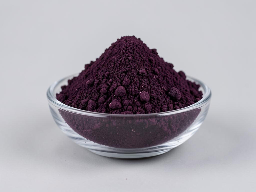 Black Currant Powder shown as a fine dried fruit or vegetable powder in a shallow dish in a neutral studio photograph