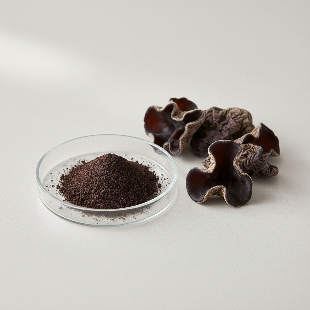 Illustrative studio sample of Black Fungus (Wood Ear) Extract beside Auricularia auricula-judae source material
