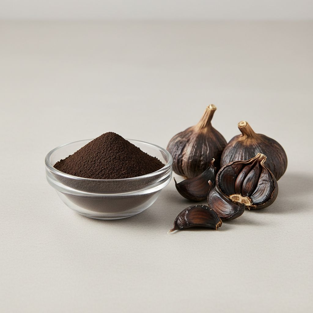 Illustrative studio sample of Black Garlic Extract beside Allium sativum (aged) source material