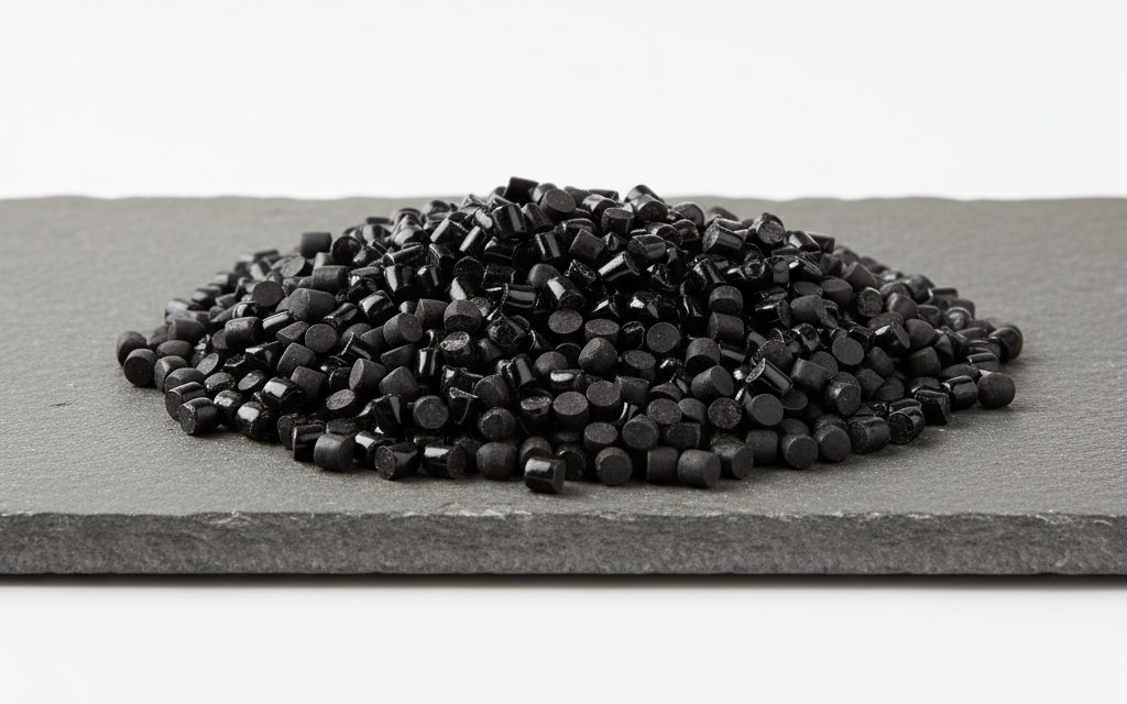 Grade confirmed at quotation — deep black, glossy or matte plastic pellets containing high concentrations of carbon black pigment, studio product photograph