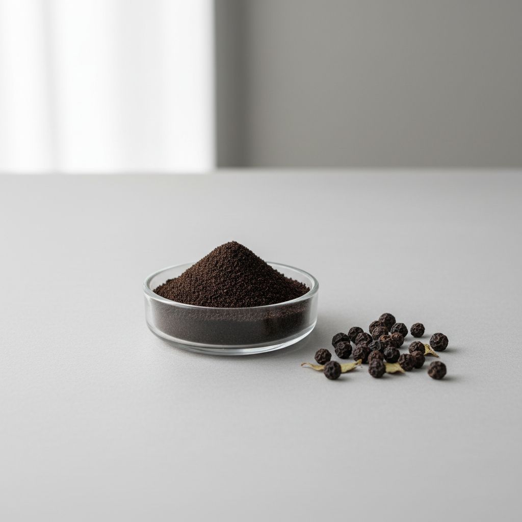 Illustrative studio sample of Black Pepper Extract beside Piper nigrum source material