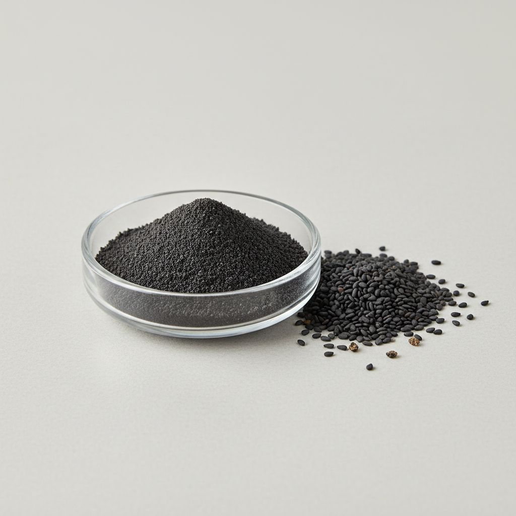 Illustrative studio sample of Black Sesame Extract beside Sesamum indicum source material