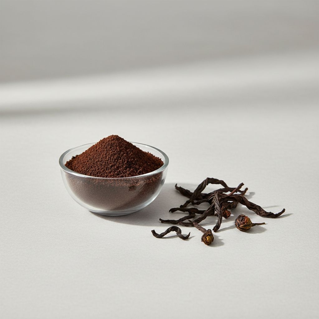 Illustrative studio sample of Black Tea Powder beside Camellia sinensis source material